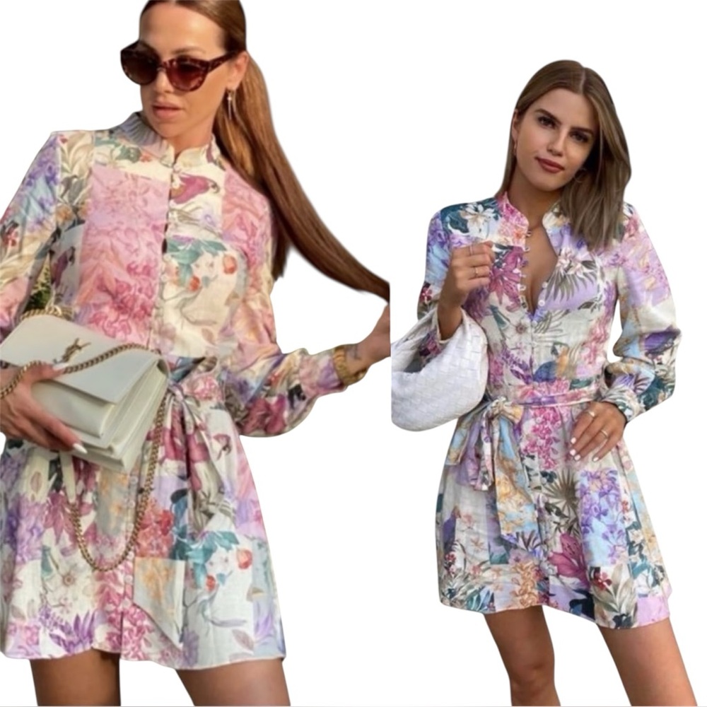Zara Pastel Floral Parrot Print Shirt Dress Linen Blend Size Medium